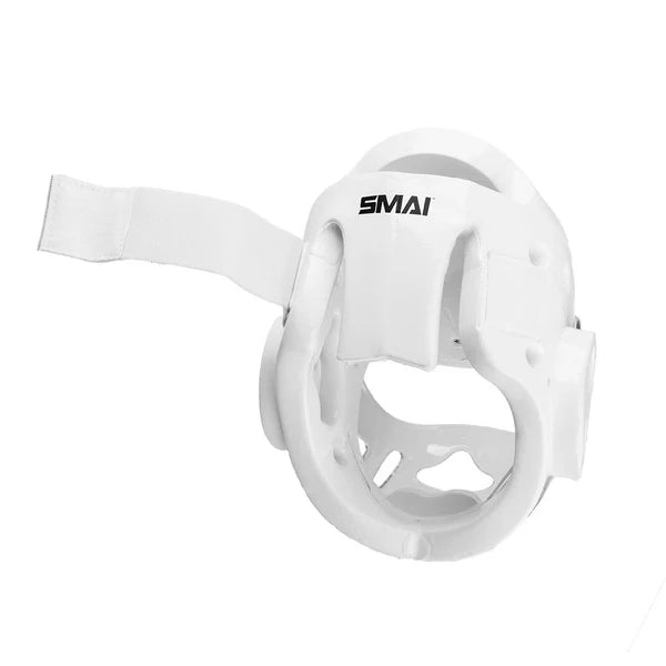 Three-quarter view of the white SMAI Karate Head Guard with a clear mask, displaying the side and under-chin straps and padding