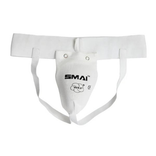 White SMAI Karate Groin Guard with WKF certification logo and adjustable straps.