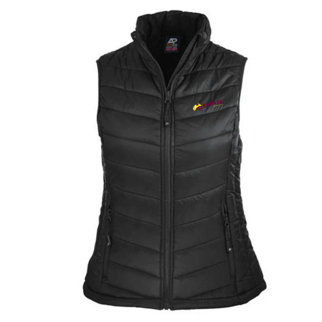 Front view of the Karate Queensland Snowy Women's black puffer vest with logo, zip front closure, and side pockets.