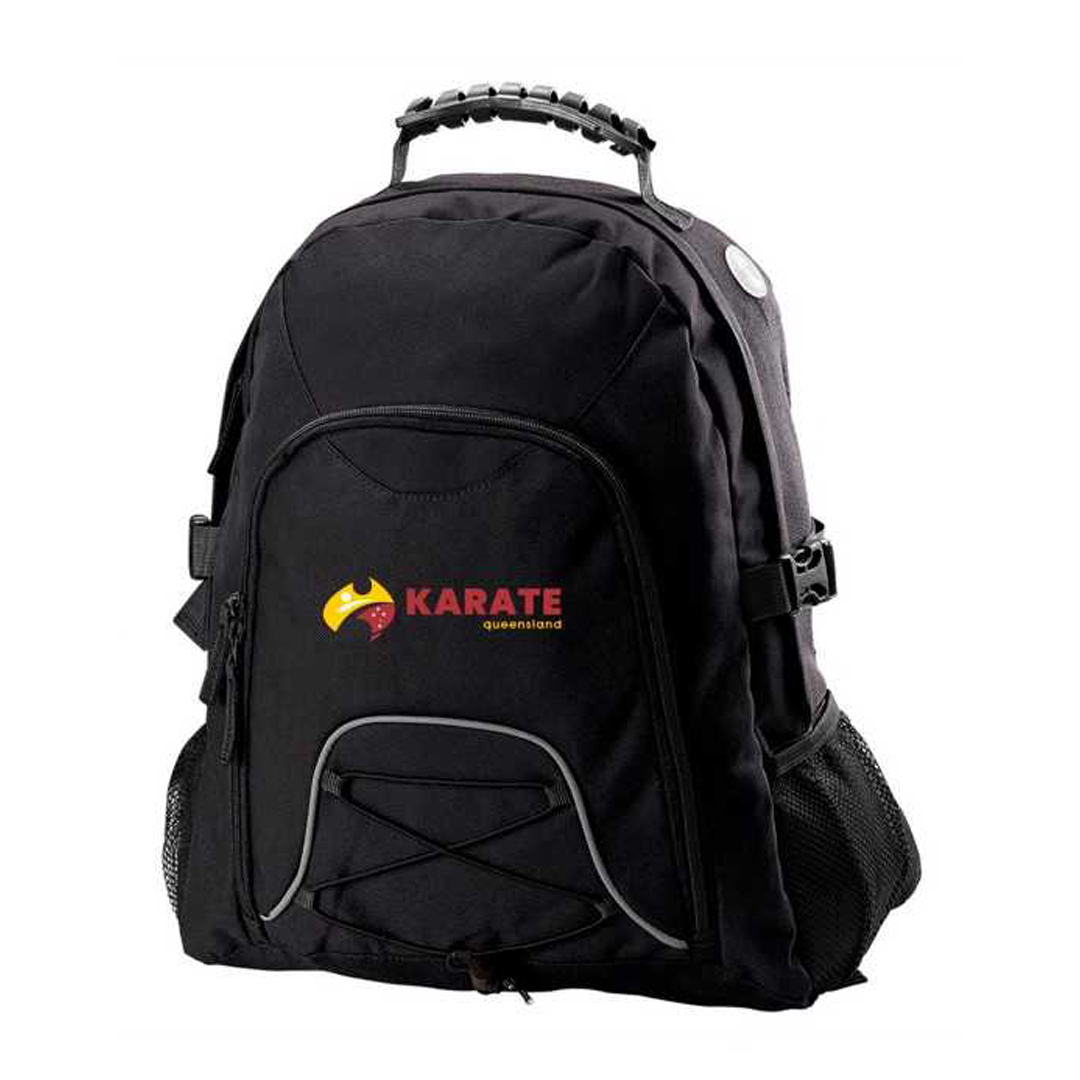 Black Karate Queensland backpack featuring the logo, equipped with multiple compartments and adjustable padded straps for comfort.