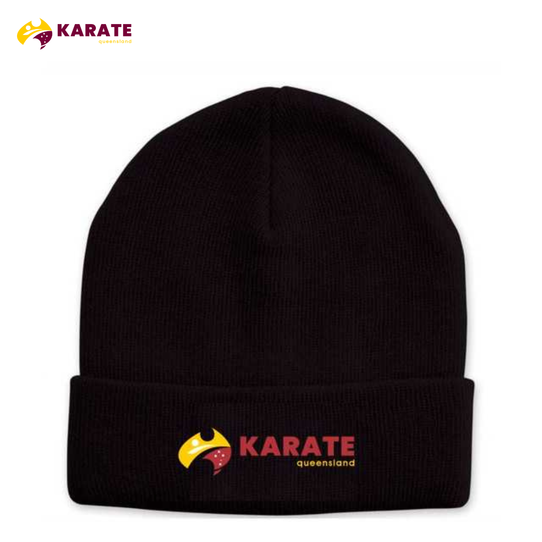 Black beanie with Karate Queensland logo embroidered on the cuff, ideal for a snug and stylish fit.