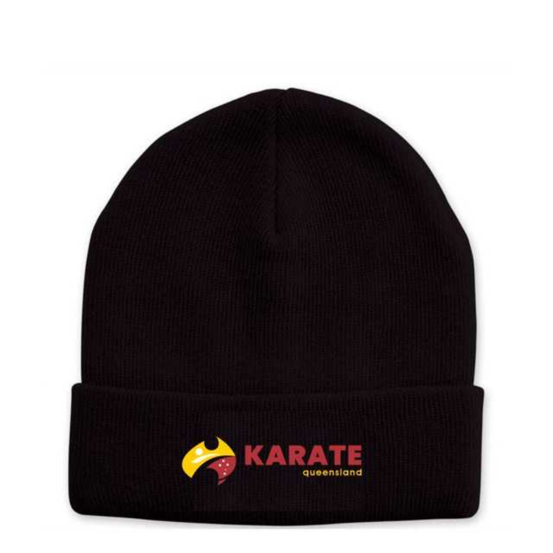 Black beanie with Karate Queensland logo embroidered on the cuff, ideal for a snug and stylish fit.