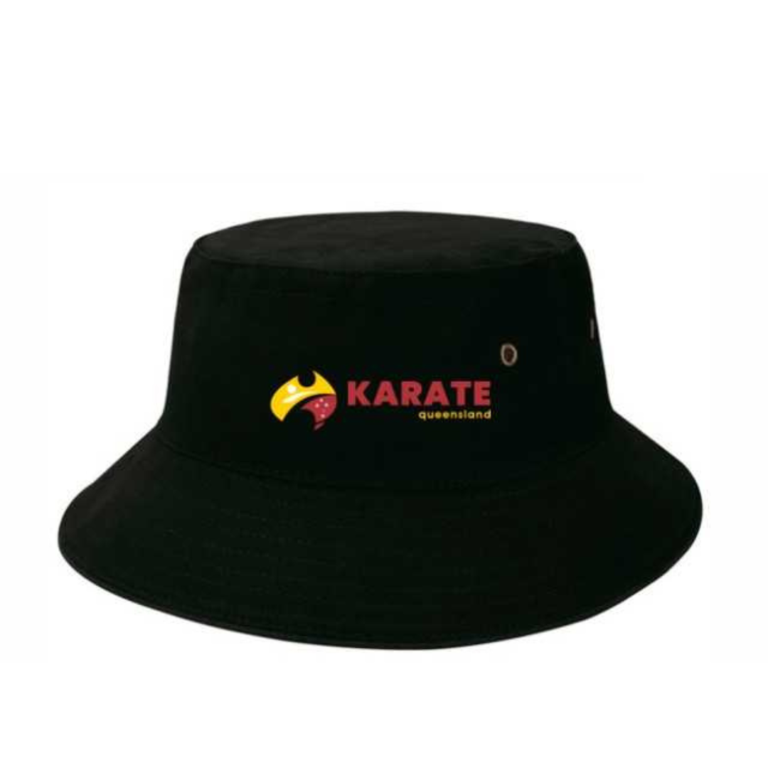 Black Karate Queensland bucket hat with the logo on the front, featuring a wide brim and breathable fabric.