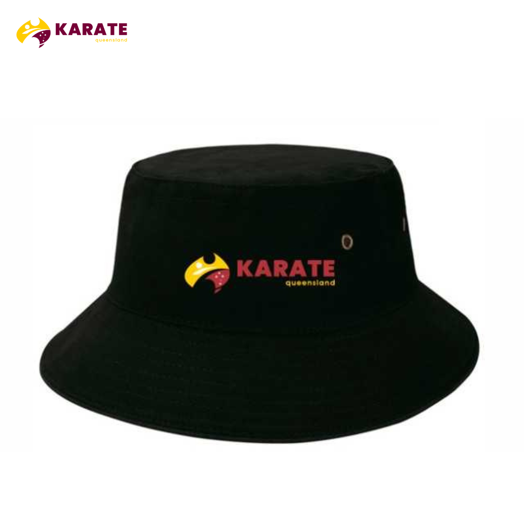 Black Karate Queensland bucket hat with the logo on the front, featuring a wide brim and breathable fabric.