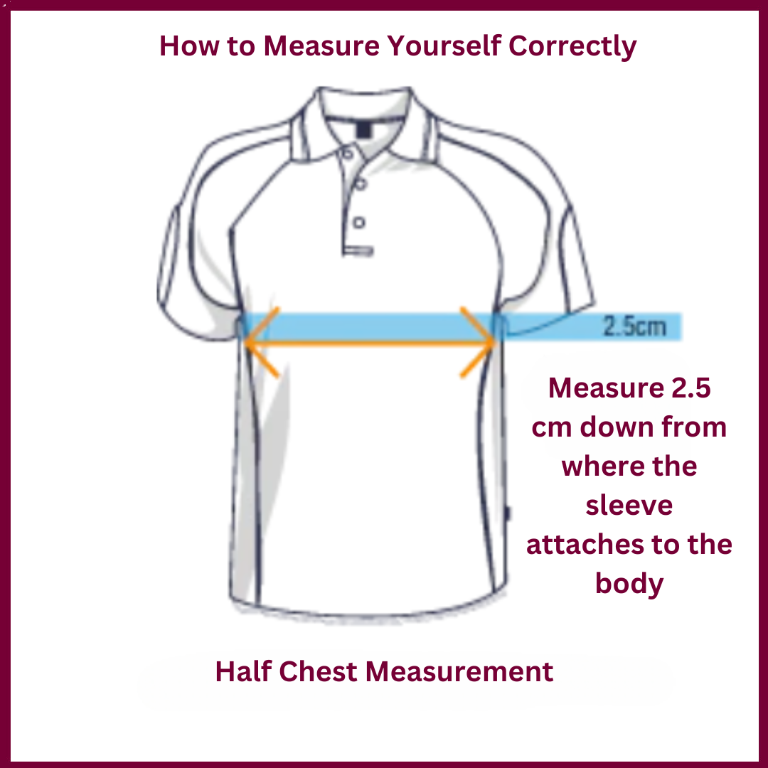 Illustration showing how to measure yourself correctly for clothing fit, detailing the proper method to measure 2.5 cm down from where the sleeve attaches to the body for accurate half chest measurement.