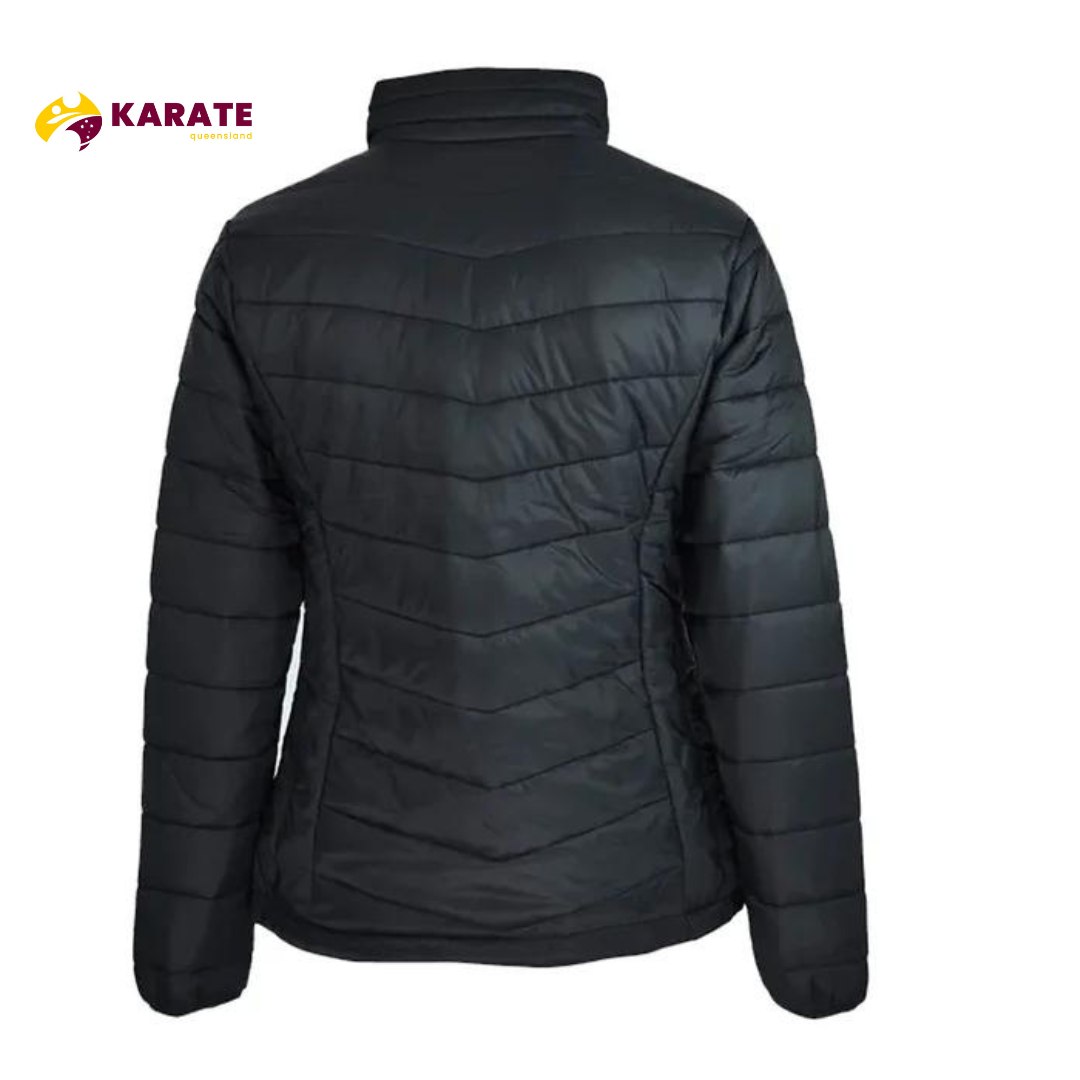 Rear view of a black Women's Puffer Vest with a high collar and the Karate Queensland logo, showcasing the quilted pattern and contoured fit.