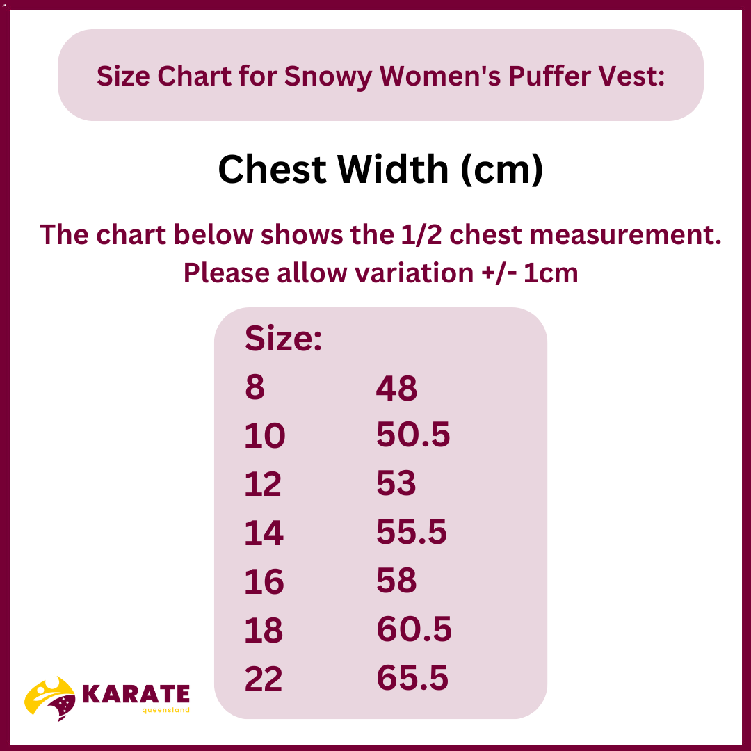 Size chart for the Snowy Women's Puffer Vest displaying chest width measurements for sizes 8 through 22.