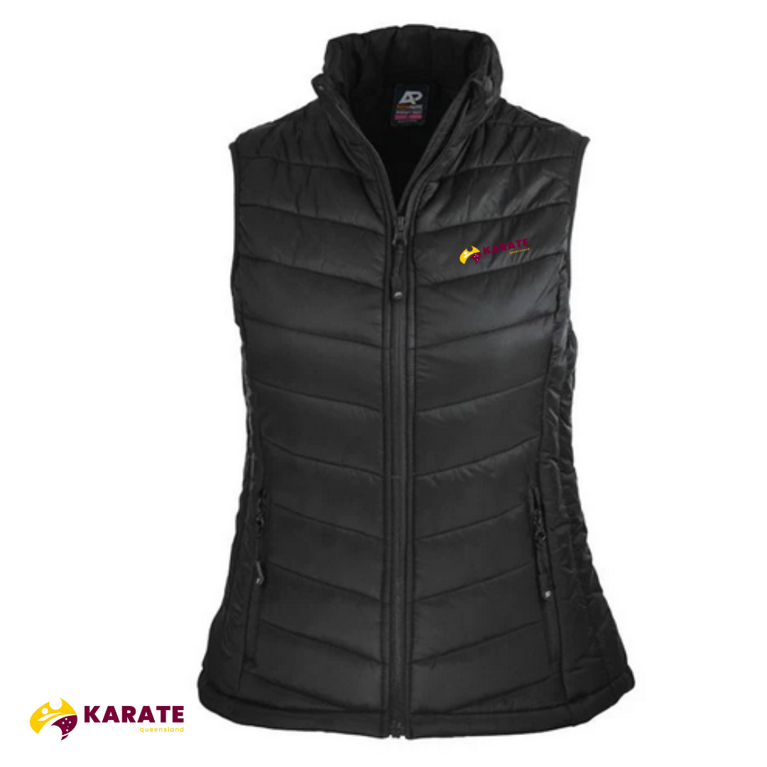 Front view of the Karate Queensland Snowy Women's black puffer vest with logo, zip front closure, and side pockets.