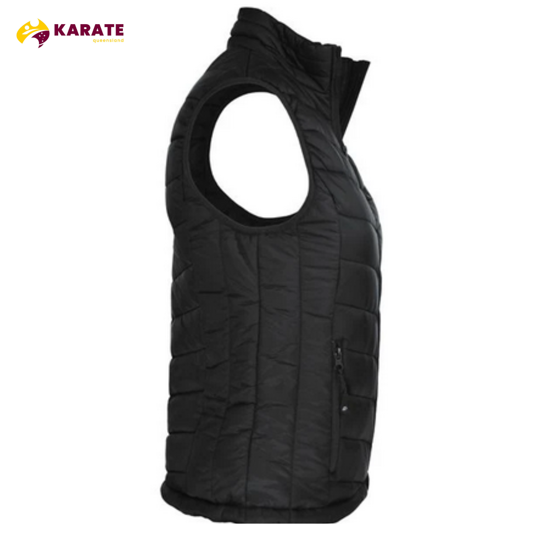 Side view of a women's black Karate Queensland Snowy puffer vest showing elasticated armholes and zippered pockets.