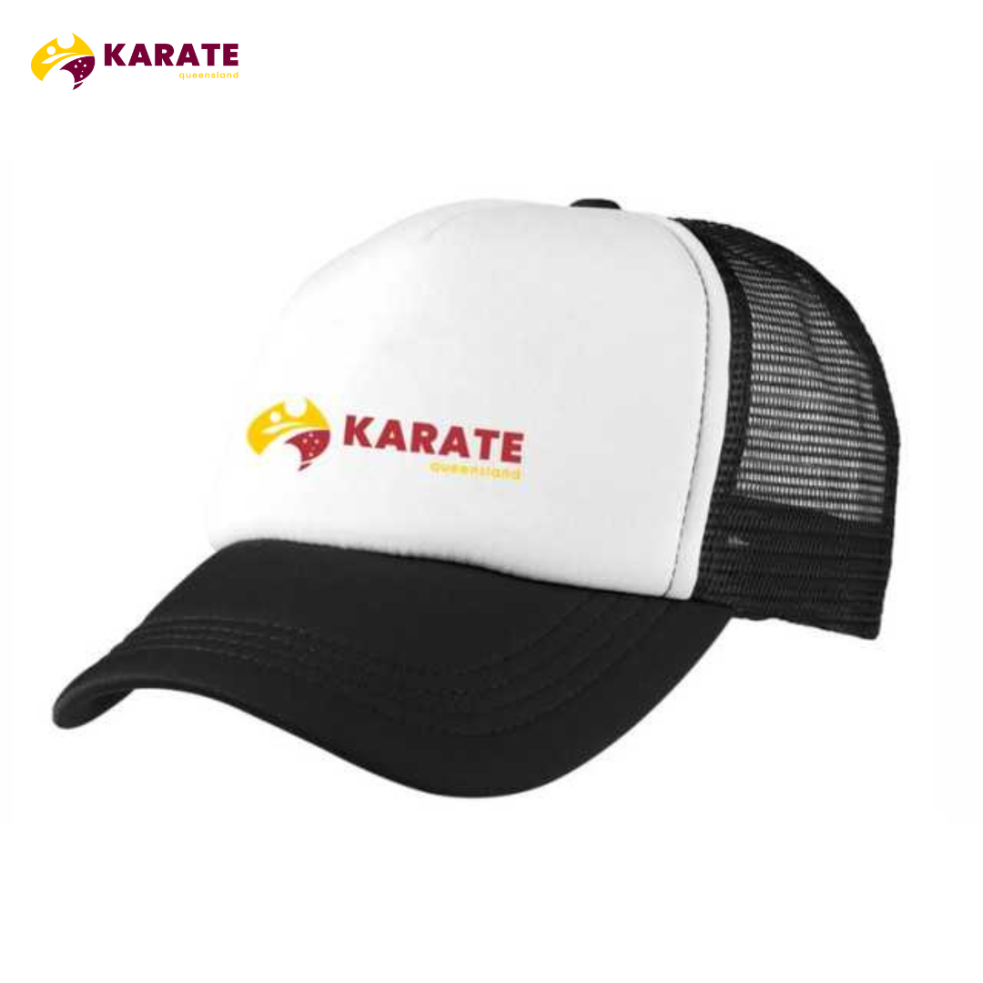 Karate Queensland cap with white front and black mesh back, featuring the Karate Queensland logo on the front panel