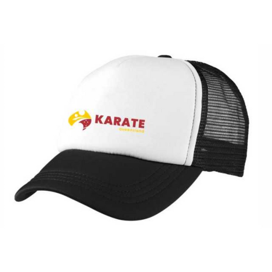 Karate Queensland cap with white front and black mesh back, featuring the Karate Queensland logo on the front panel