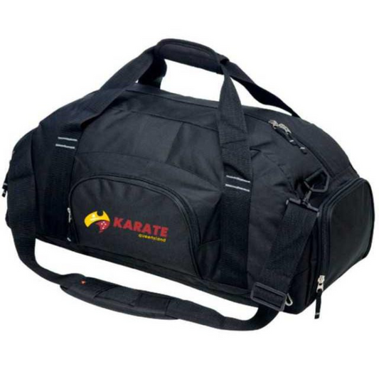 Black Karate Queensland Duffel Bag with adjustable shoulder strap and multiple pockets, featuring the Karate Queensland logo for easy identification.