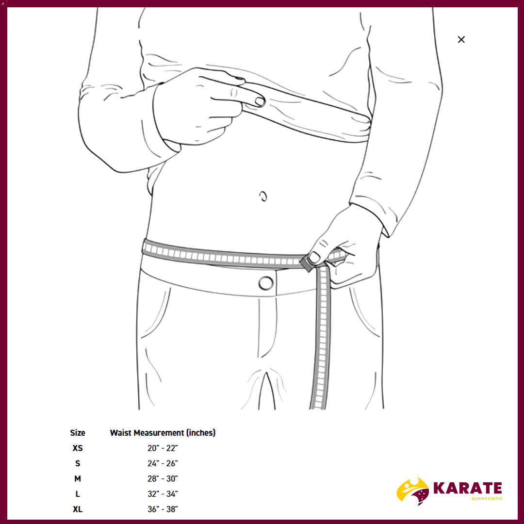 Illustration showing how to measure waist for SMAI Karate Groin Guard sizing, with size chart ranging from XS to XL.