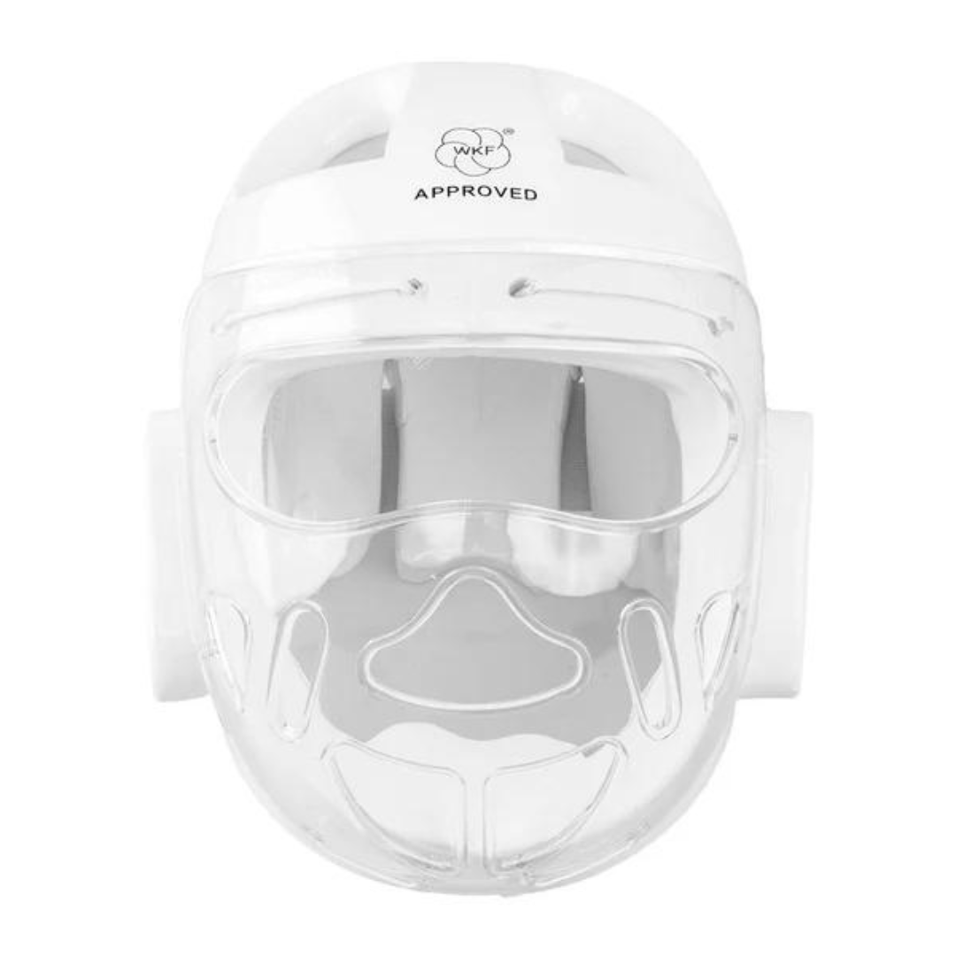 Frontal view of the SMAI Karate Head Guard with face mask, featuring the WKF approval stamp on the forehead area