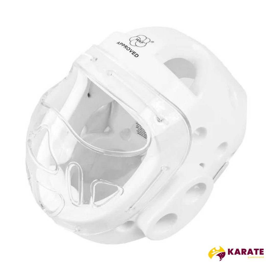 Side view of the SMAI Karate Head Guard highlighting the white Velcro strap and transparent face protection.