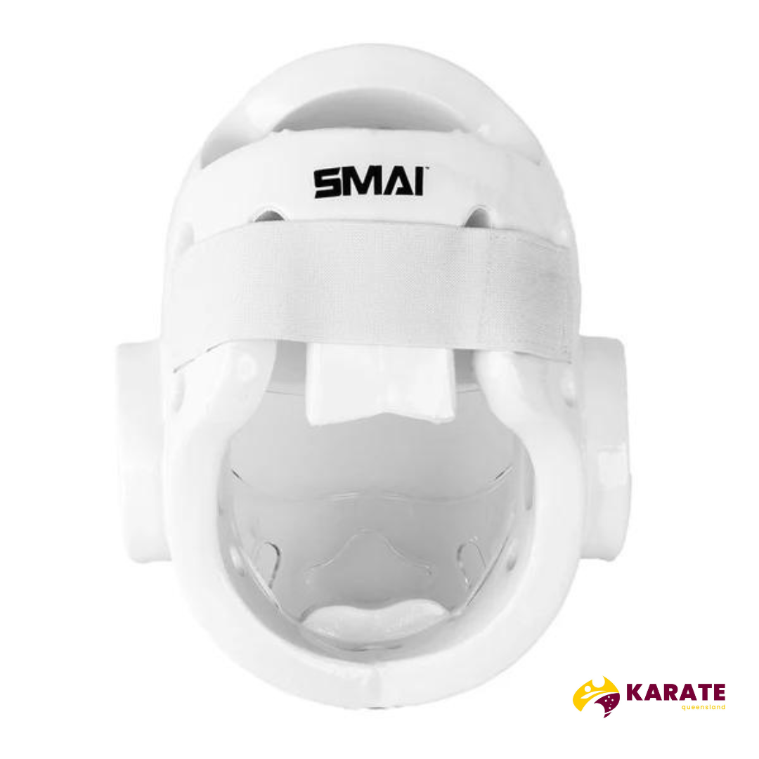 Front perspective of the SMAI Karate Head Guard with clear Perspex face shield showing the eye and mouth openings