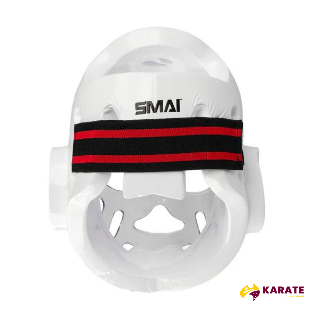 Top-down view of SMAI Karate Head Guard with transparent face mask and red and black Velcro strap.