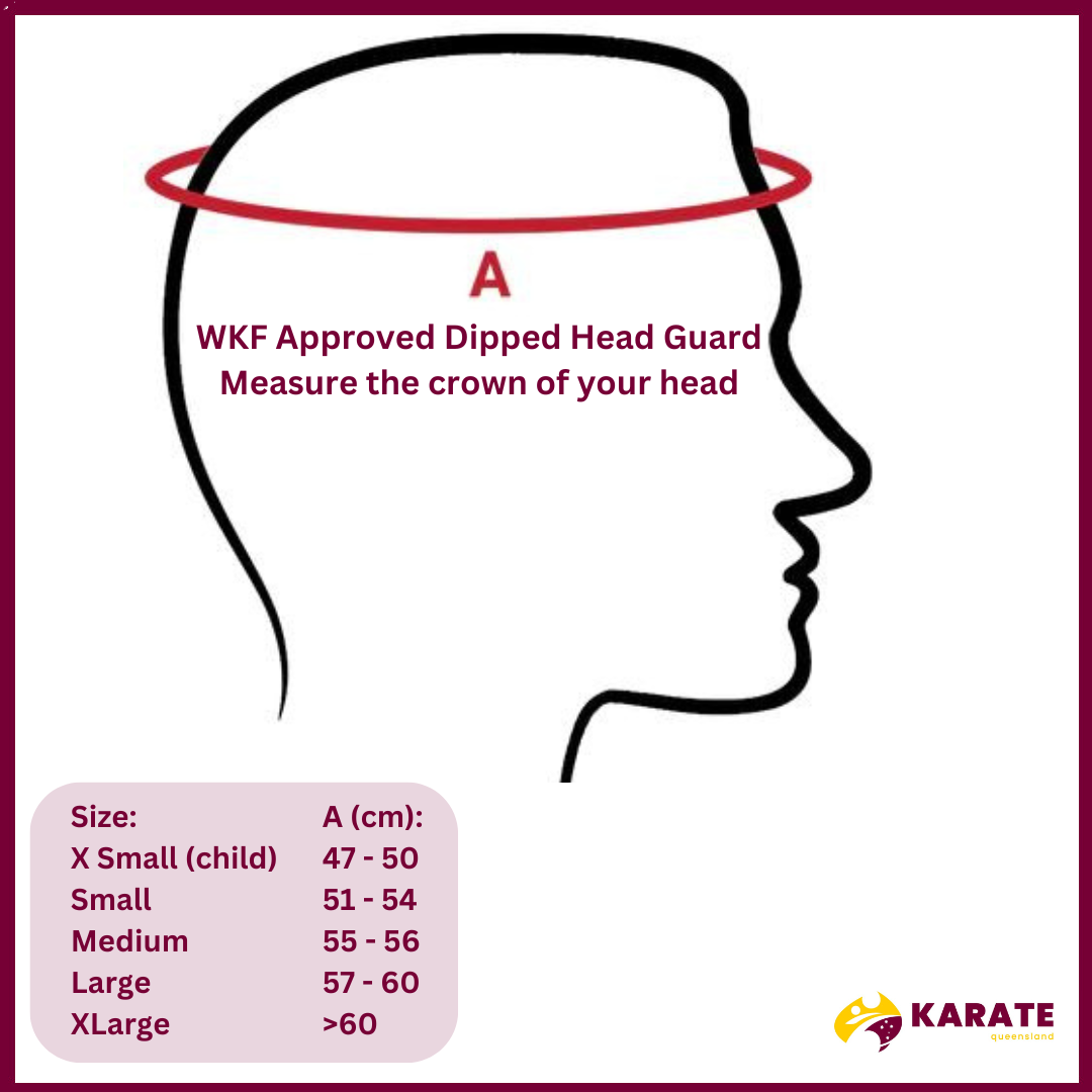 Karate headgear measurement guide, detailing how to measure the crown of the head with size chart from X Small to XLarge.