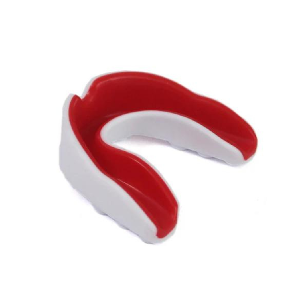 Red and white dual-color sports mouth guard with a curved design for a secure fit.