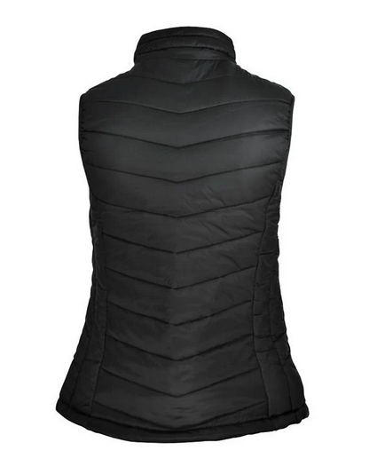 Rear view of a women's black Karate Queensland Snowy puffer vest with a high collar design.