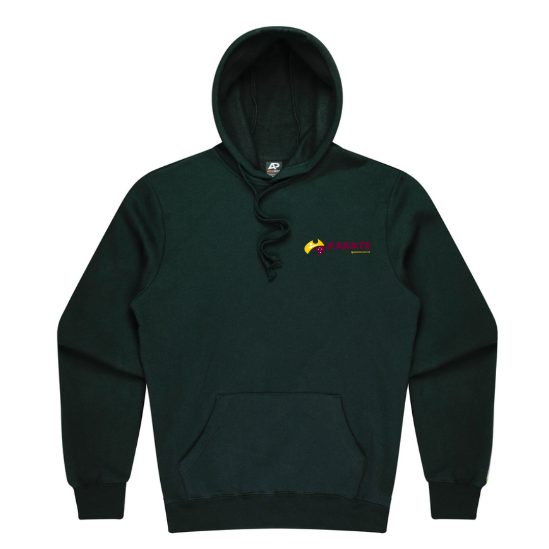 Front view of a dark green Torquay men's hoodie with a Karate Queensland logo on the chest